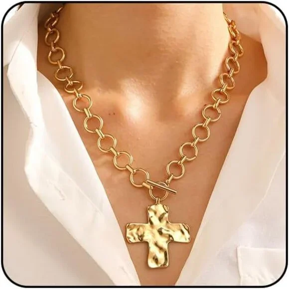 Women Gold 04 Pearl Cross Necklace - Chunky Gothic Punk Vintage Cross Jewelry - Picture 1 of 9